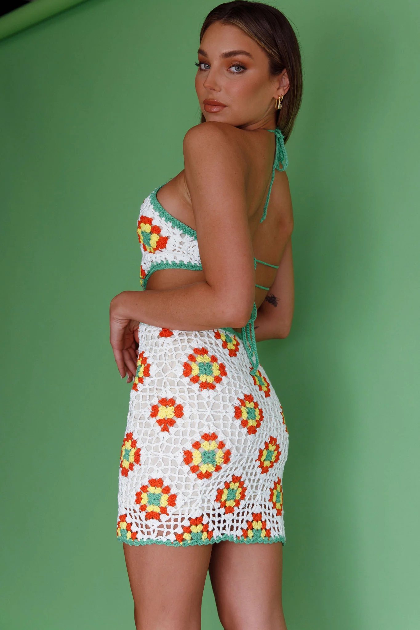Summer Love Open Back Crochet Mini Dress Green - Image 4