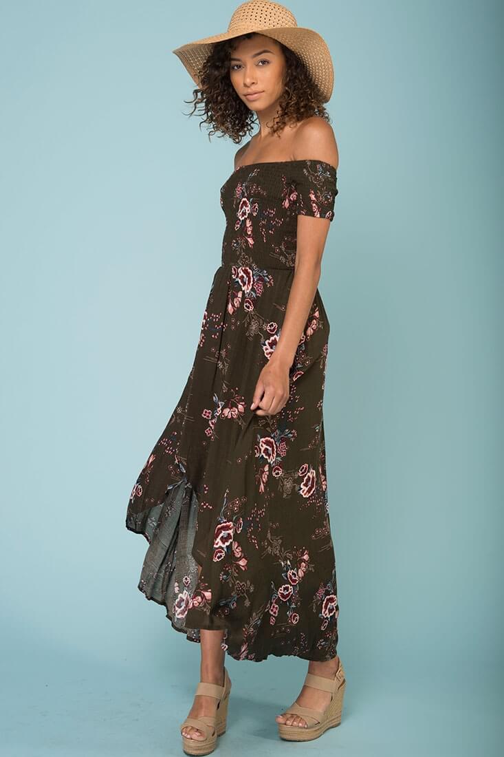 Summer Picnic Floral Print High Low Midi Dress Khaki - Image 2