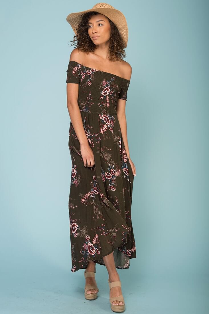 Summer Picnic Floral Print High Low Midi Dress Khaki - Image 3