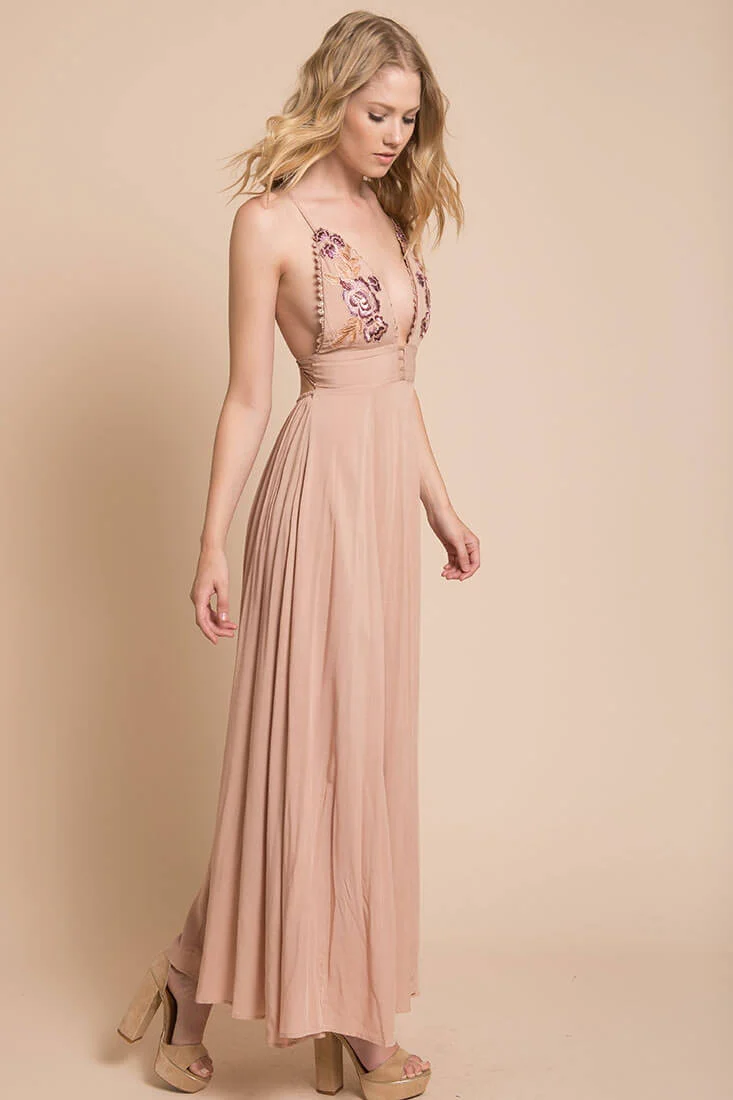 Summer Wedding Embroidered Floral Maxi Dress Mocha - Image 2
