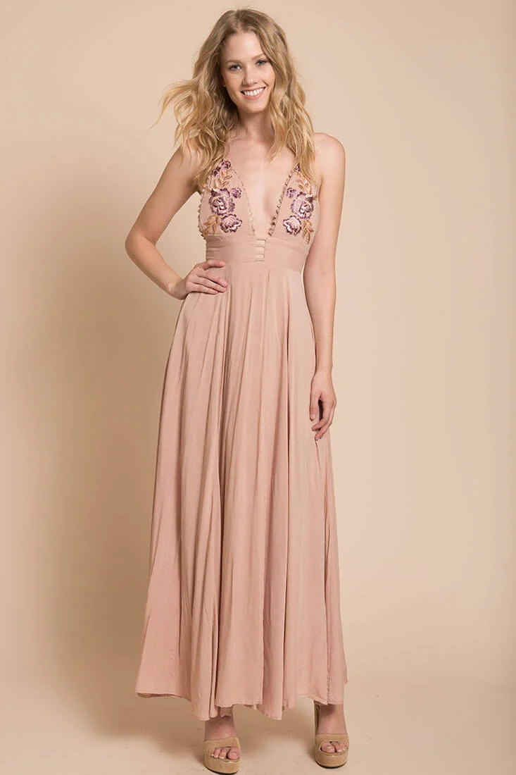 Summer Wedding Embroidered Floral Maxi Dress Mocha - Image 3