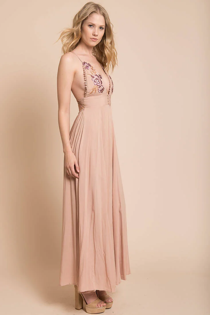 Summer Wedding Embroidered Floral Maxi Dress Mocha - Image 4