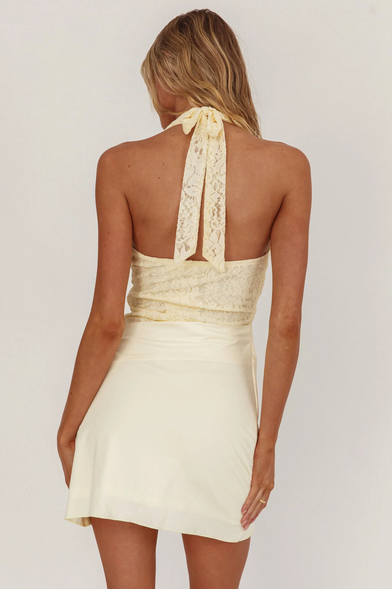 Summerland Lace Bodice Halter Mini Dress Butter - Image 3