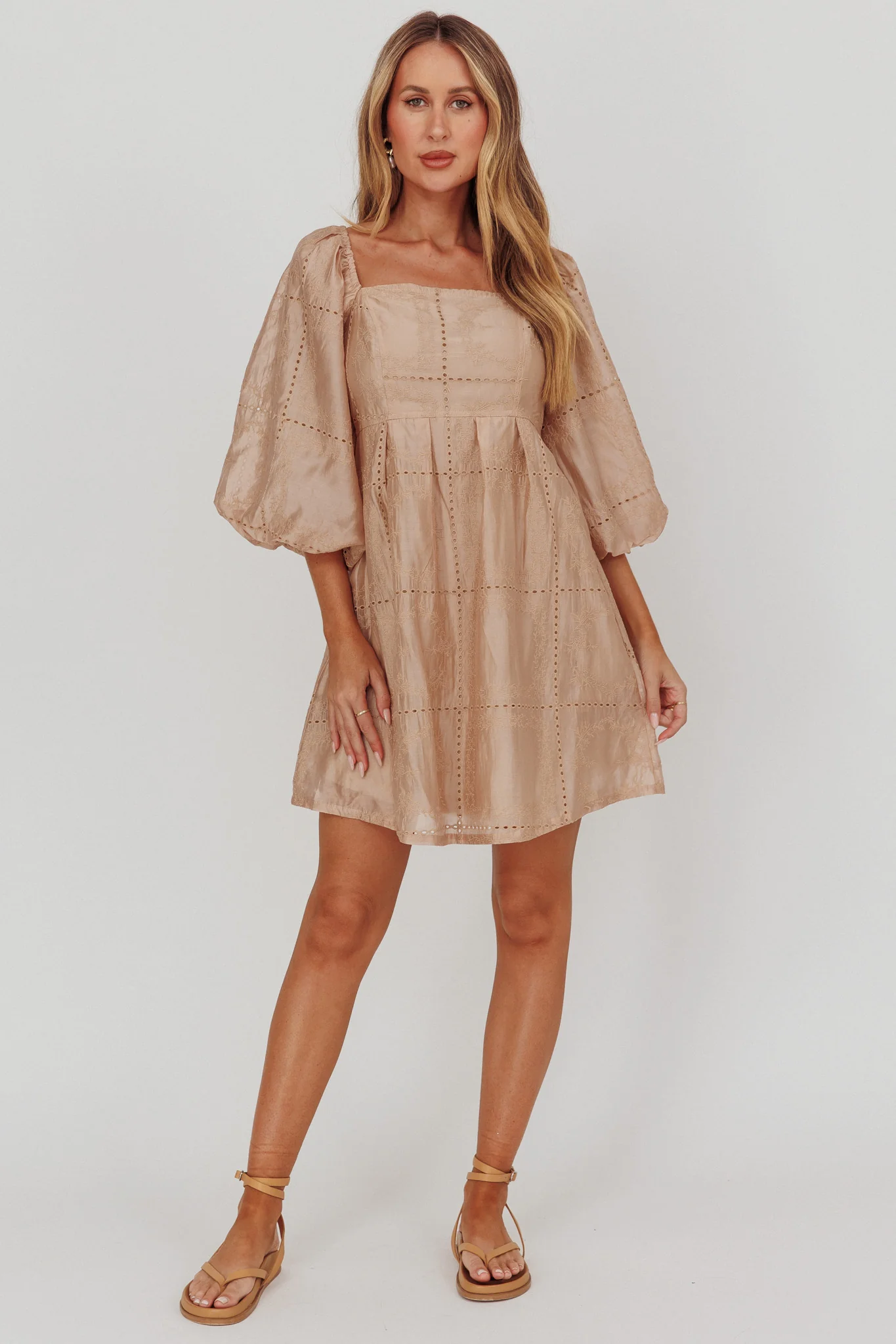 Summerlin Puff Sleeve Eyelet Mini Dress Beige - Image 3