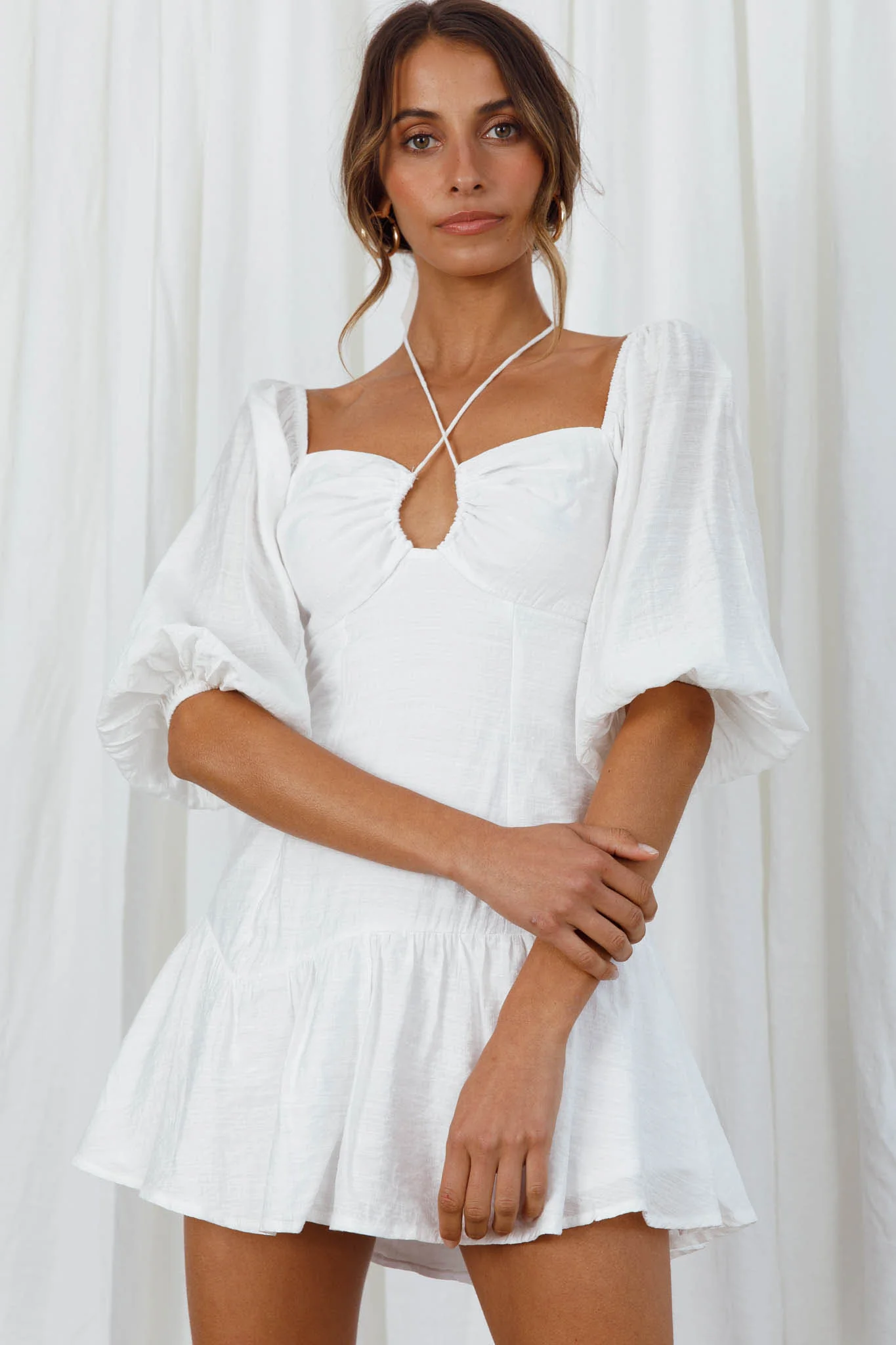 Summertime String-Tie Halterneck Puff Sleeve Mini Dress White - Image 8