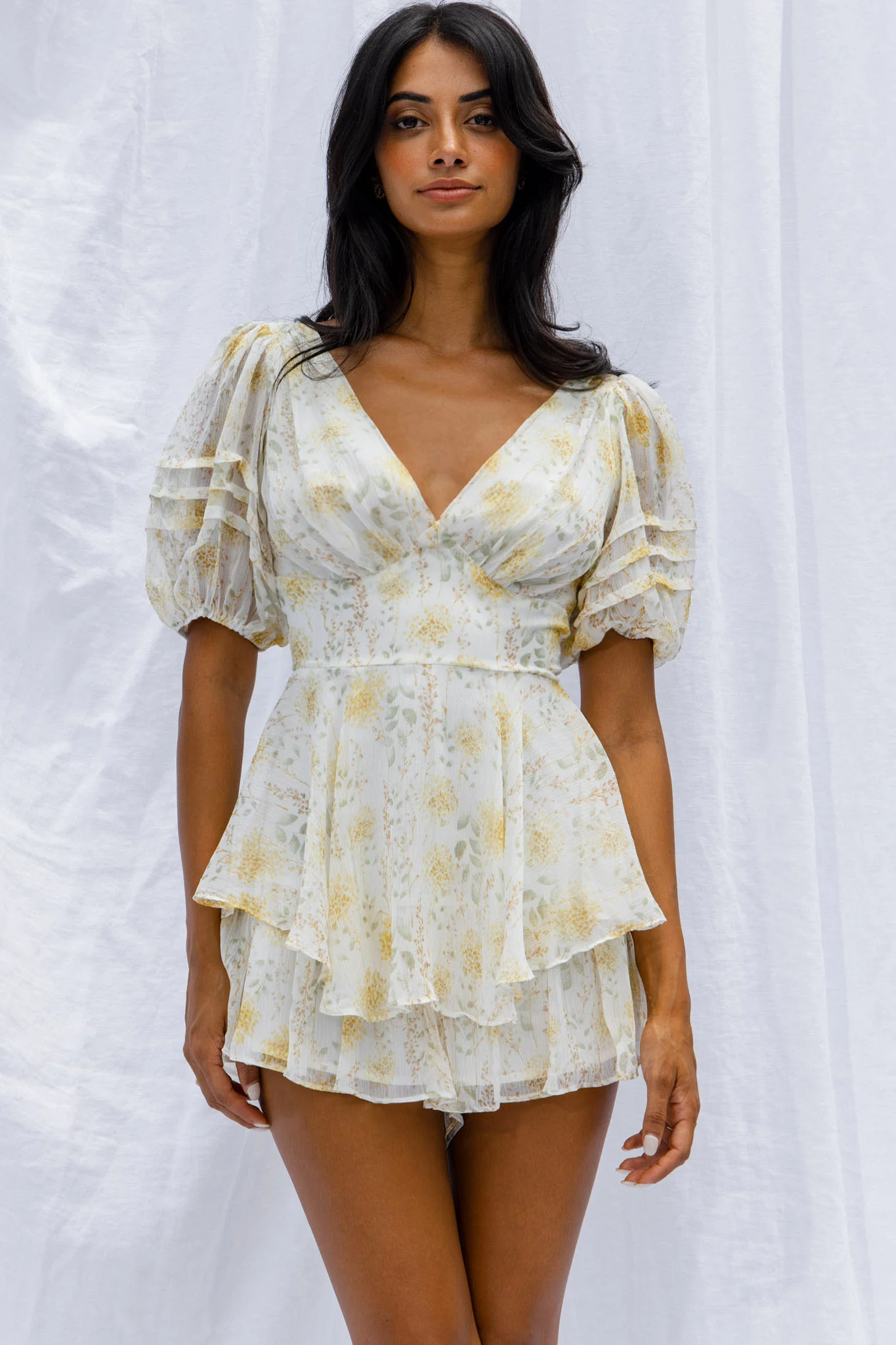 Sun Drops Puff Sleeve Keyhole Back Romper Floral Print Mint - Image 4