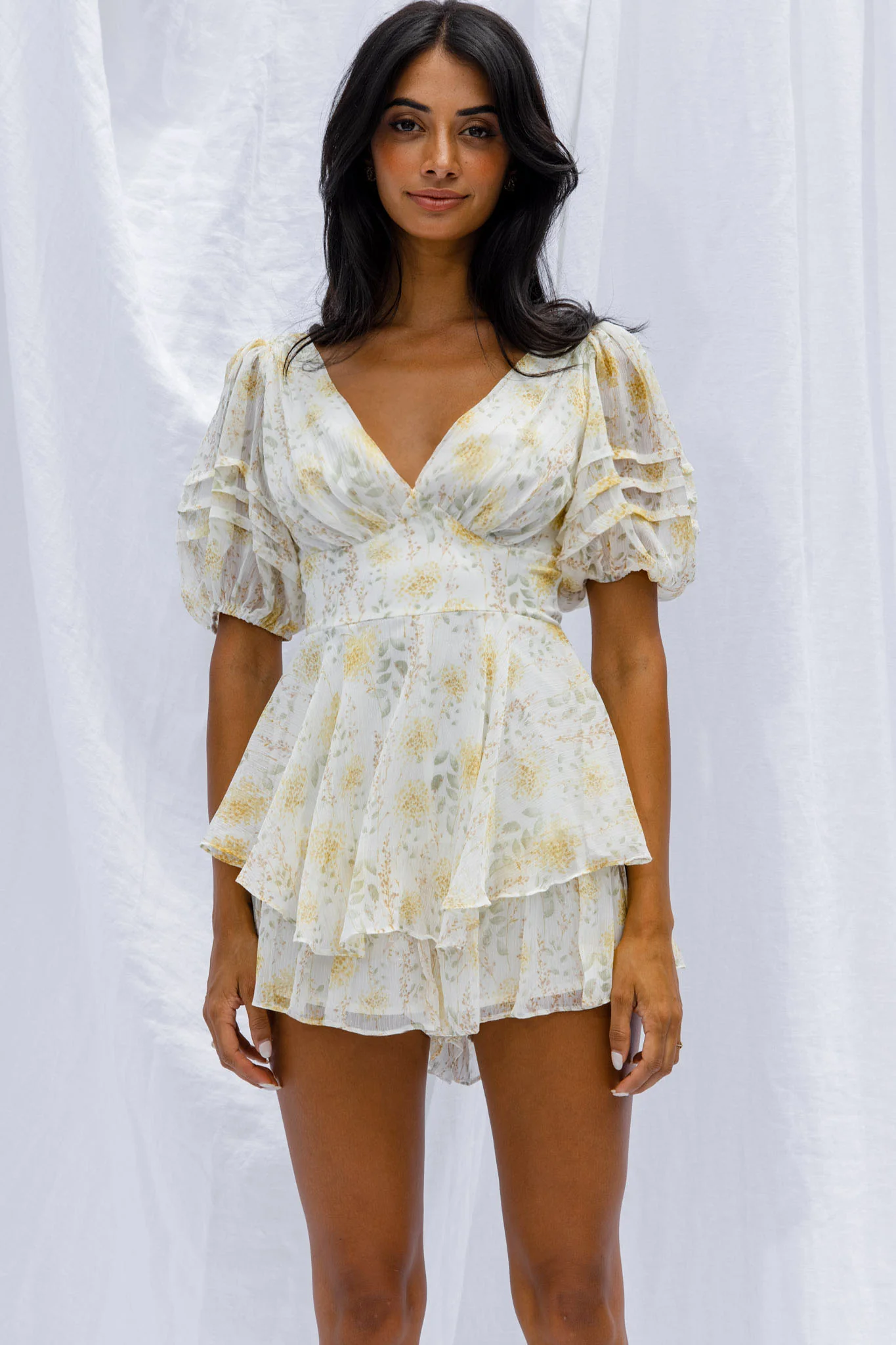 Sun Drops Puff Sleeve Keyhole Back Romper Floral Print Mint - Image 5