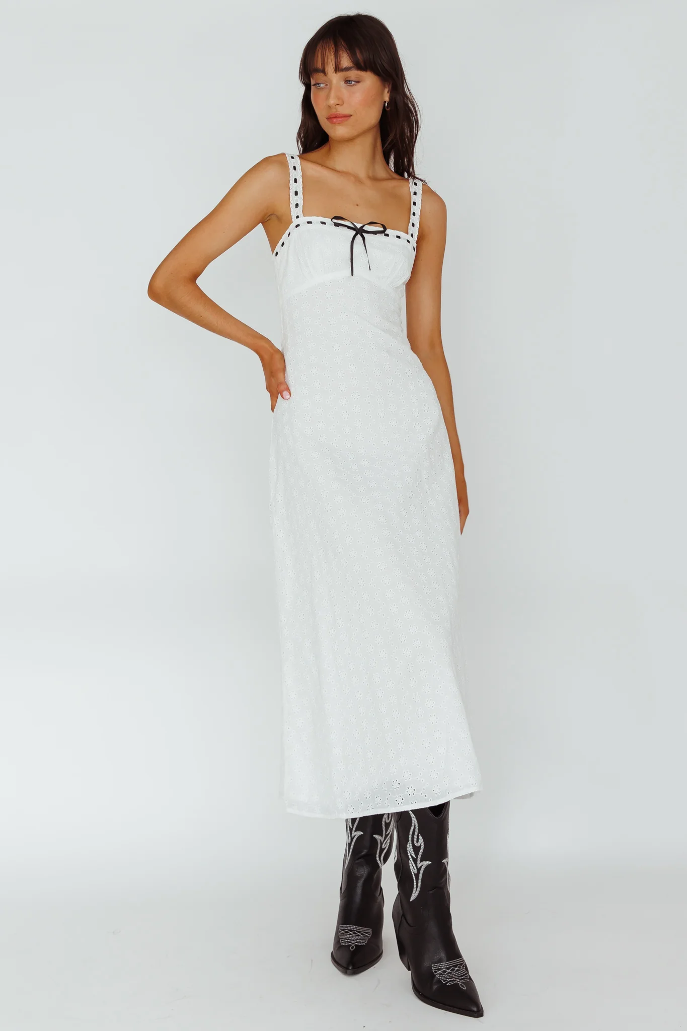 Sunbeam Eyelet Embroidery Bow Midi Dress White - Image 6