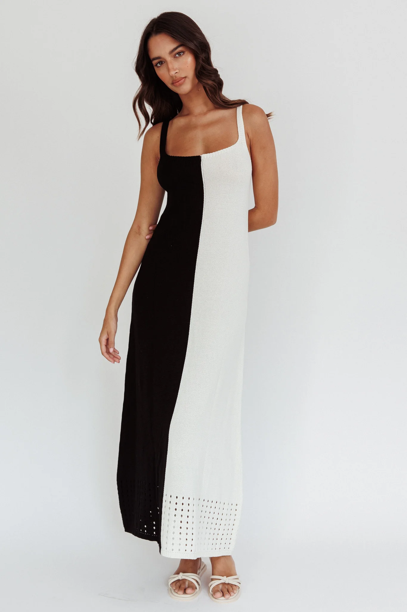 Sunday Fun Day Knit Maxi Dress Black Cream - Image 3
