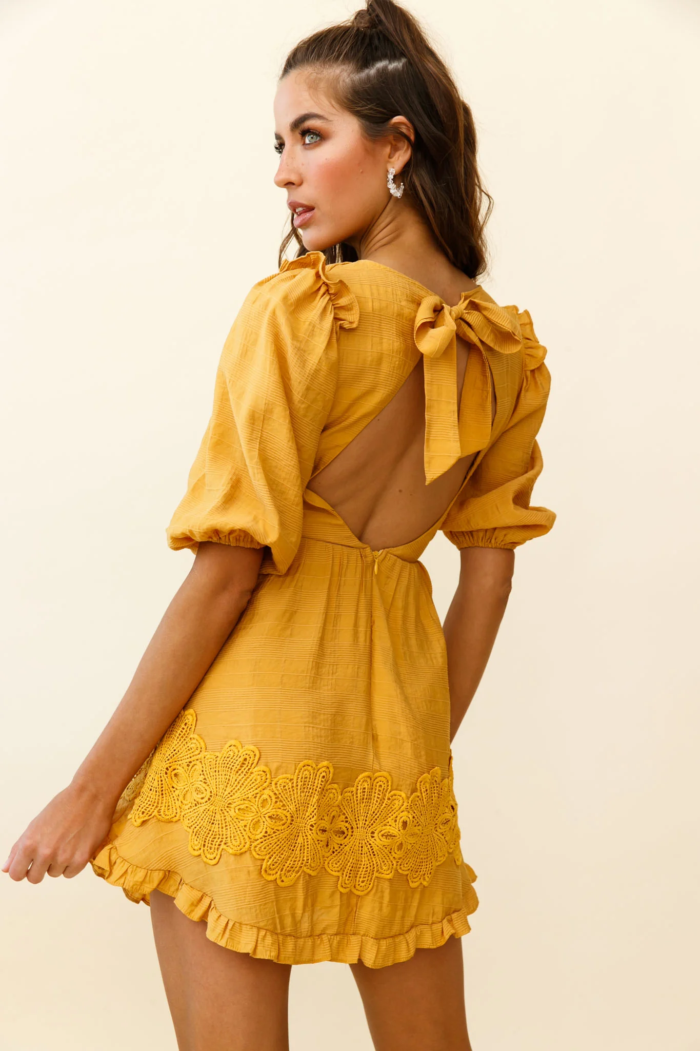 Sunday Morning Applique Embellished Open Back Dress Yellow - Image 3
