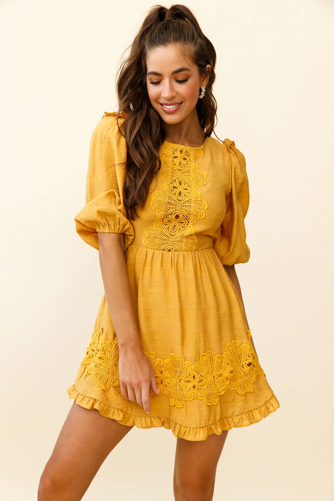Sunday Morning Applique Embellished Open Back Dress Yellow - Image 6
