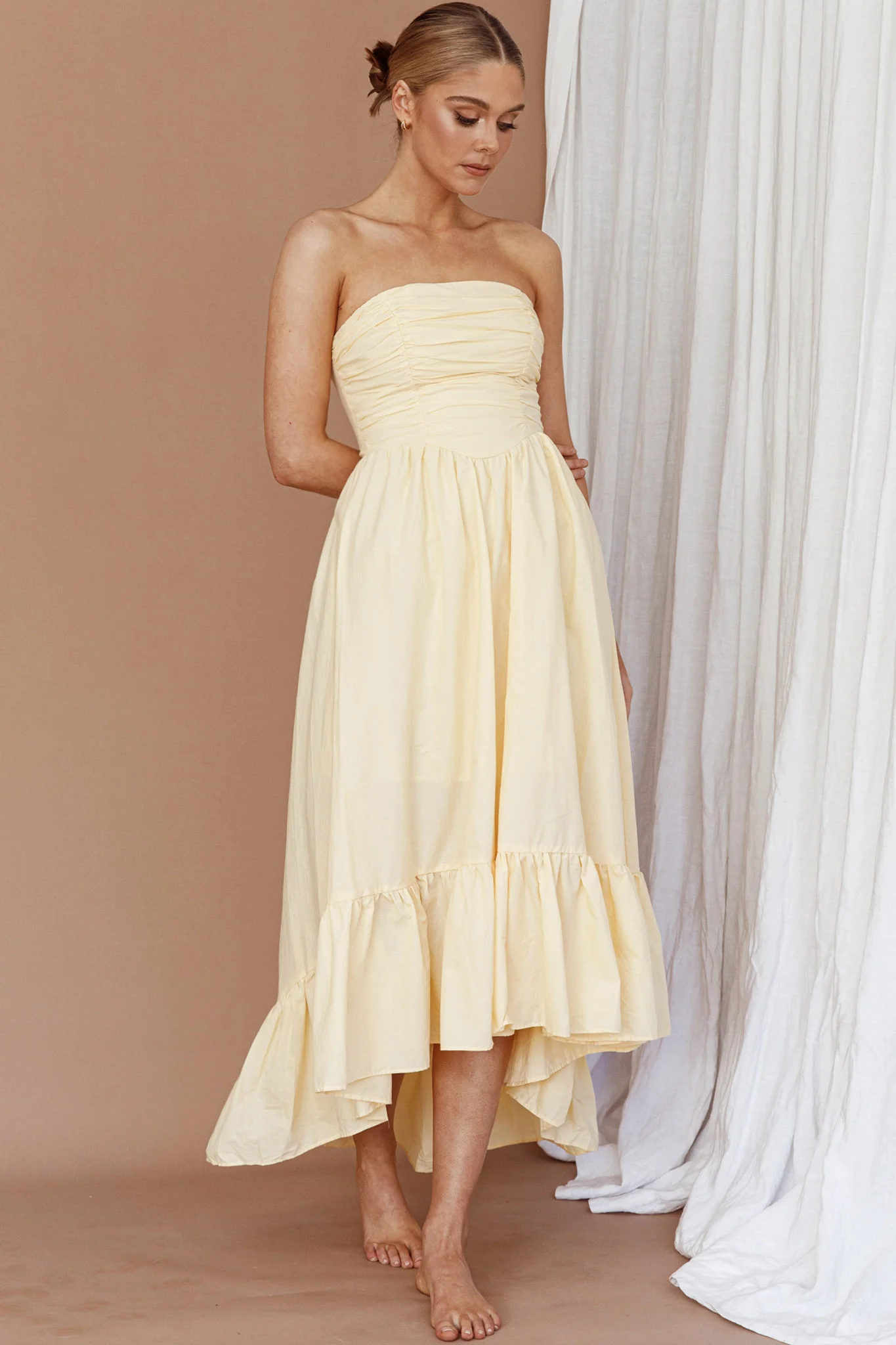 Sunday Mornings Ruched Bust Midi Dress Lemon - Image 5