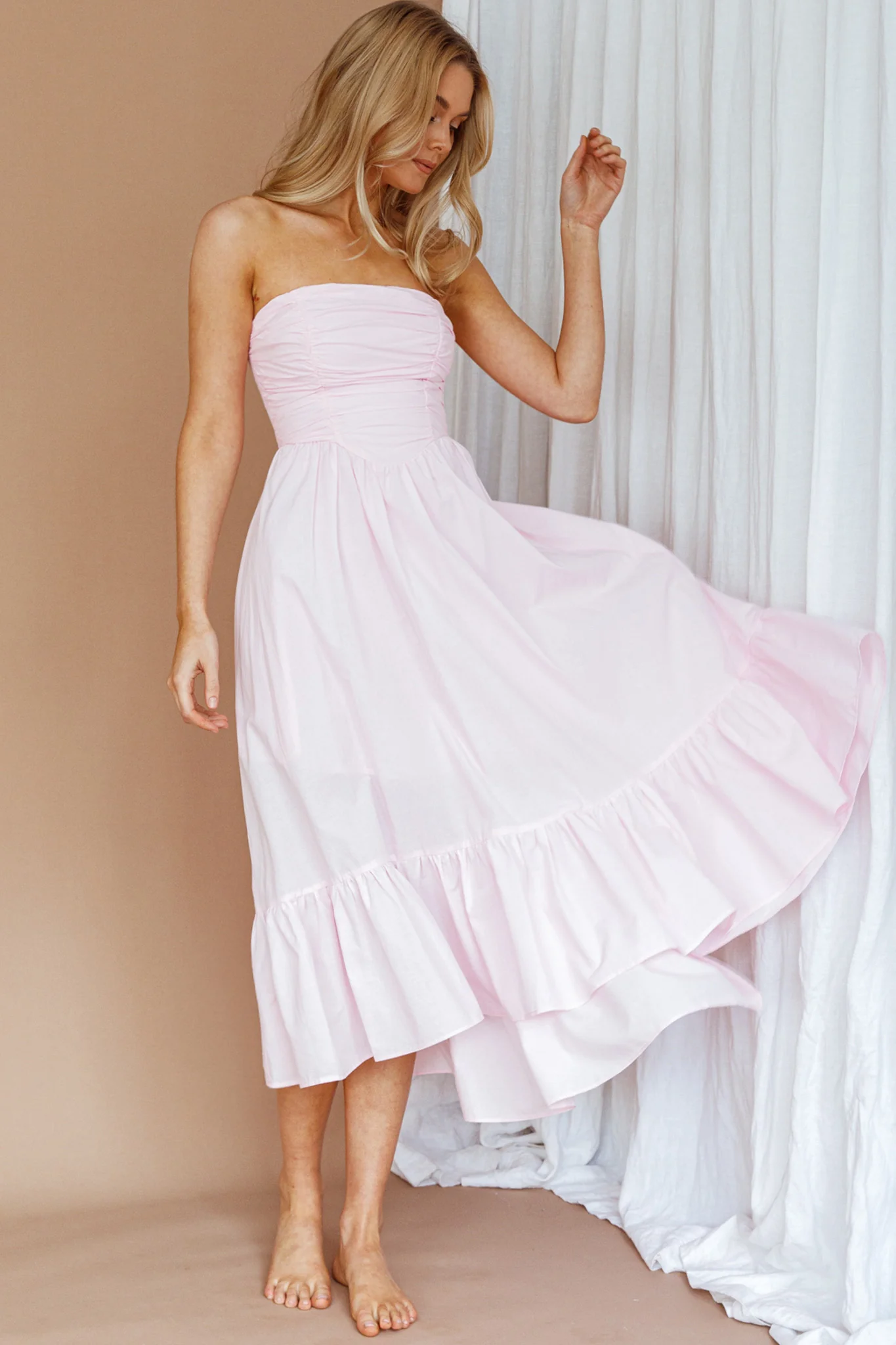 Sunday Mornings Ruched Bust Midi Dress Pink - Image 5