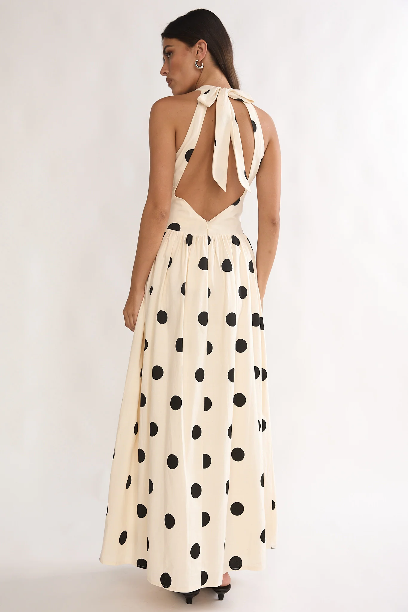 Sundrenched Halter Maxi Dress Polka Dot Beige - Image 2