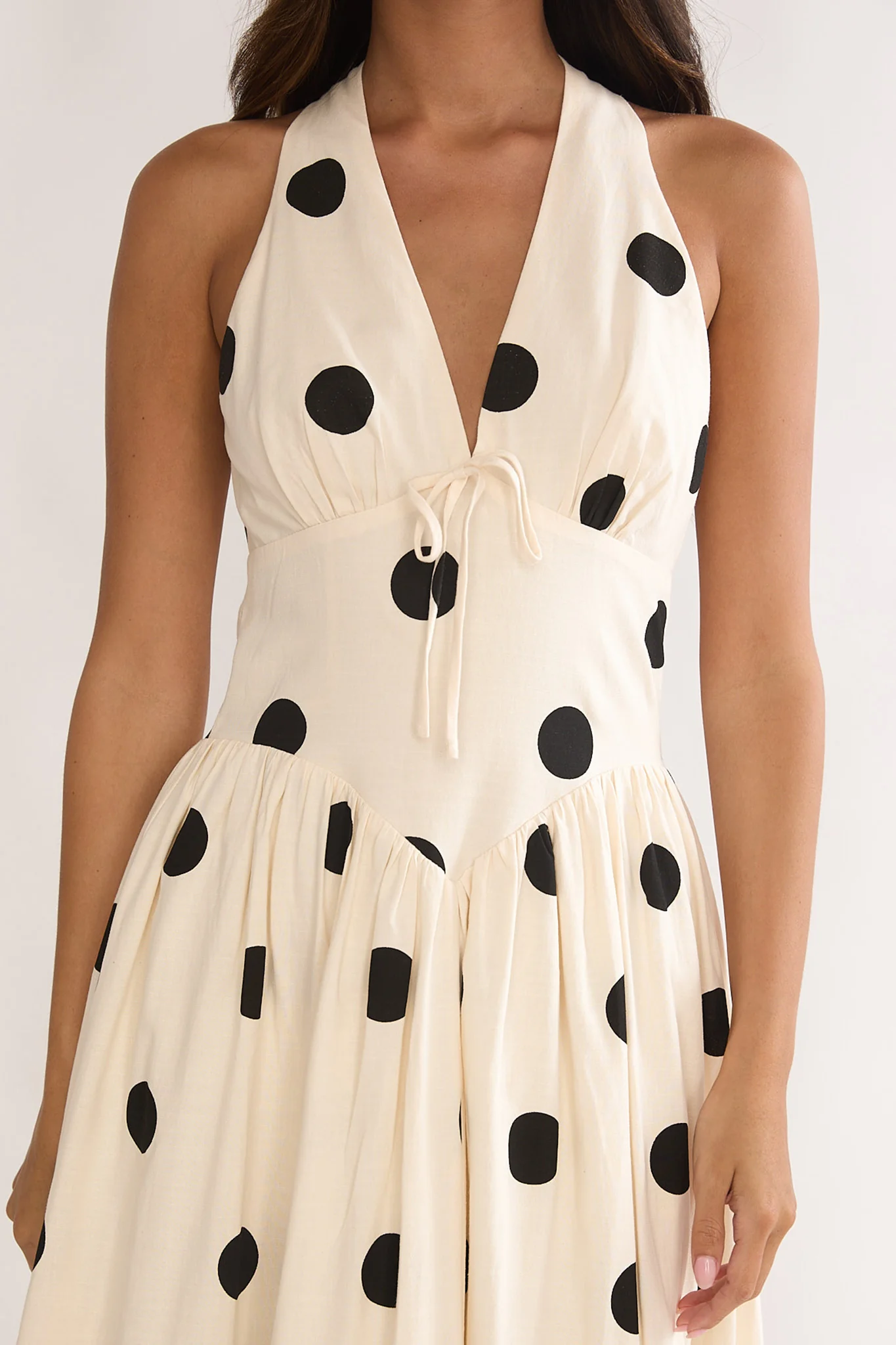 Sundrenched Halter Maxi Dress Polka Dot Beige - Image 3