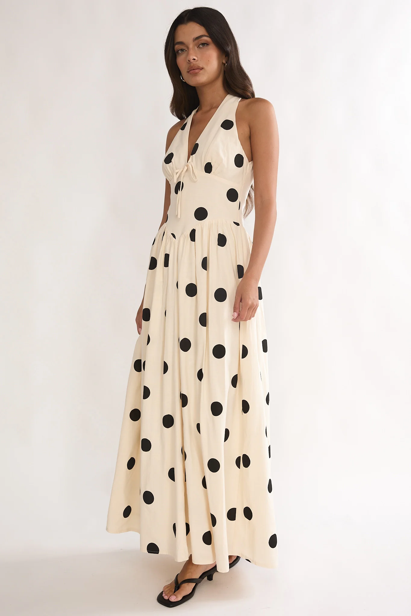Sundrenched Halter Maxi Dress Polka Dot Beige - Image 4