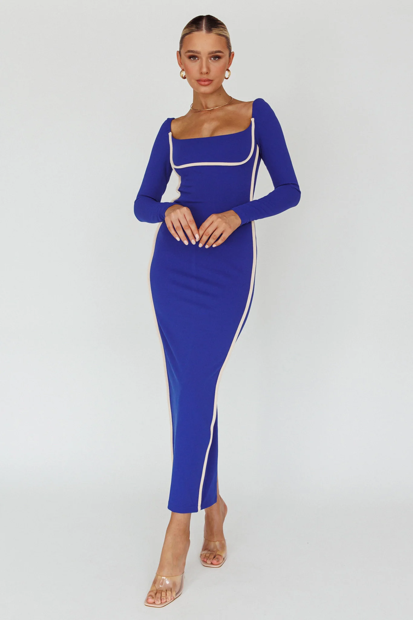 Sunny Coast Long Sleeve Piping Maxi Dress Blue - Image 5