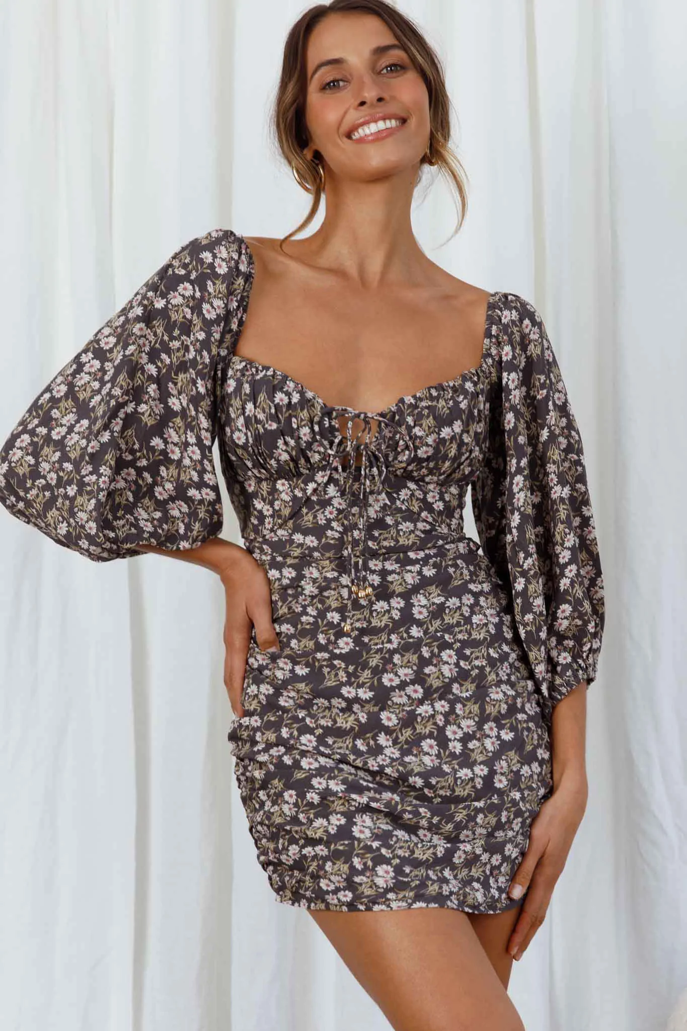 Sunny Day Balloon Sleeve Ruched Mini Dress Floral Print Grey - Image 6