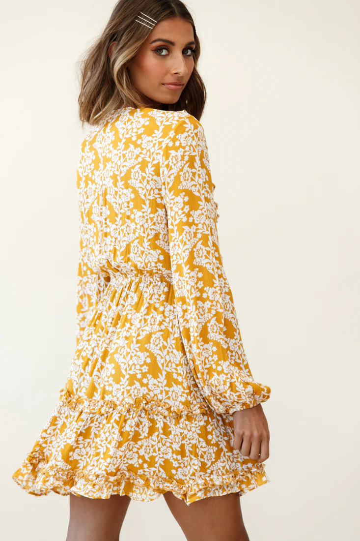 Sunny Daze Long Sleeve Tie-Knot Bust Dress Floral Print Mustard - Image 3