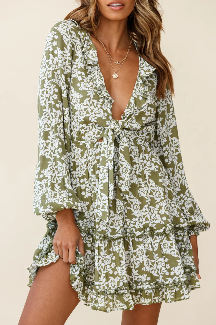 Sunny Daze Long Sleeve Tie-Knot Bust Dress Floral Print Olive - Image 7