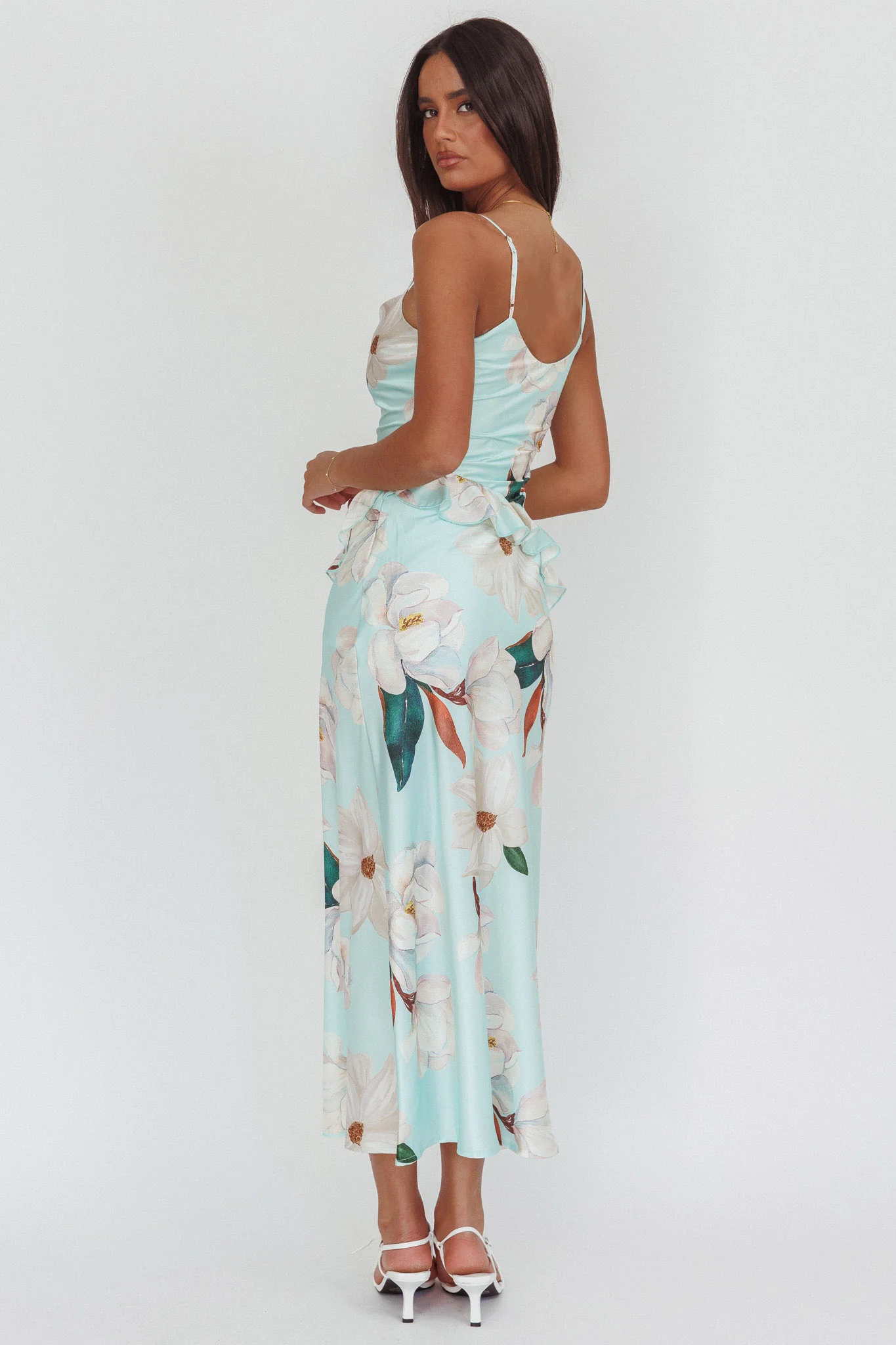 Sunshine Eternity Asymmetric Neckline Ruffle Maxi Dress Floral Mint - Image 2