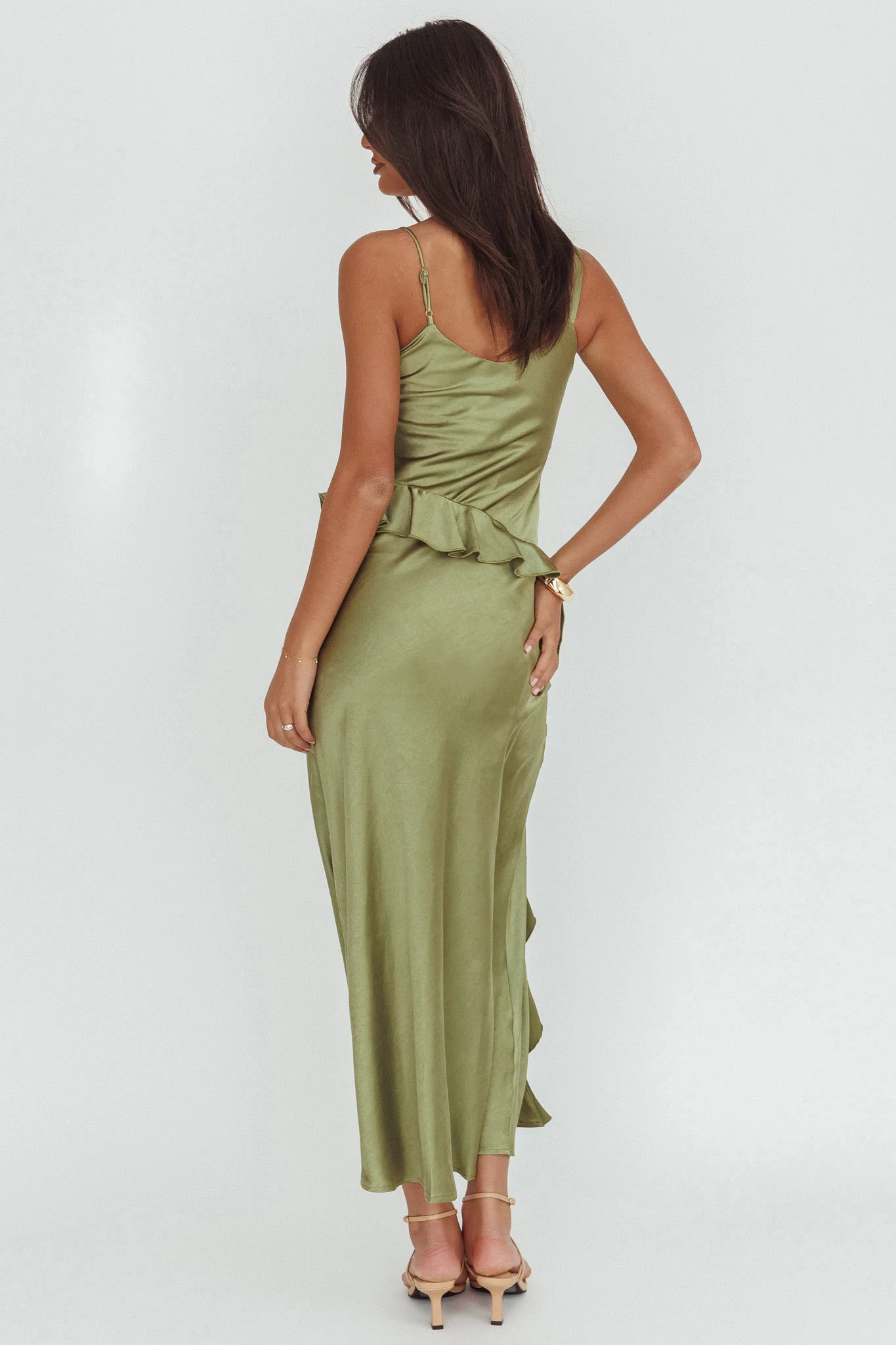 Sunshine Eternity Asymmetric Neckline Ruffle Maxi Dress Olive - Image 2