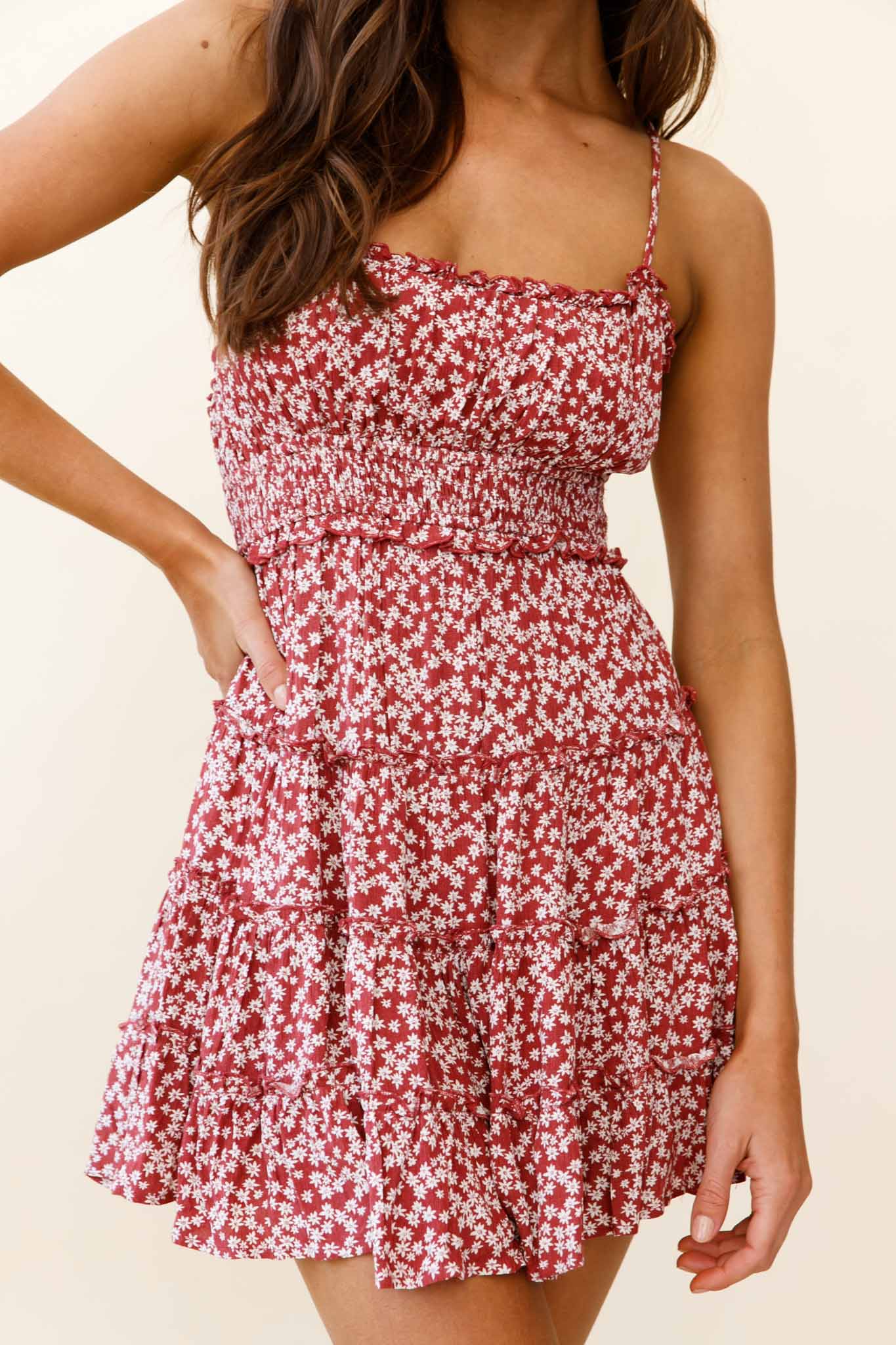 Sunshine Lovers Criss-Cross Back Frill Trim Dress Floral Print Rust - Image 4