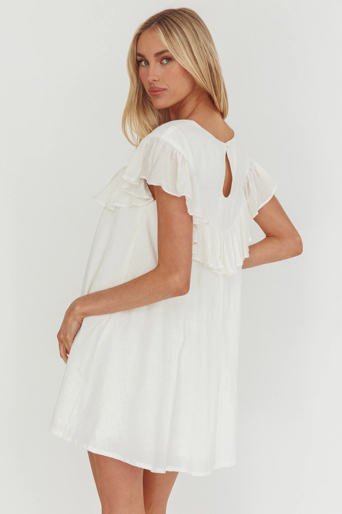 Sunshine Weekend Frill Trim Babydoll Mini Dress White - Image 2