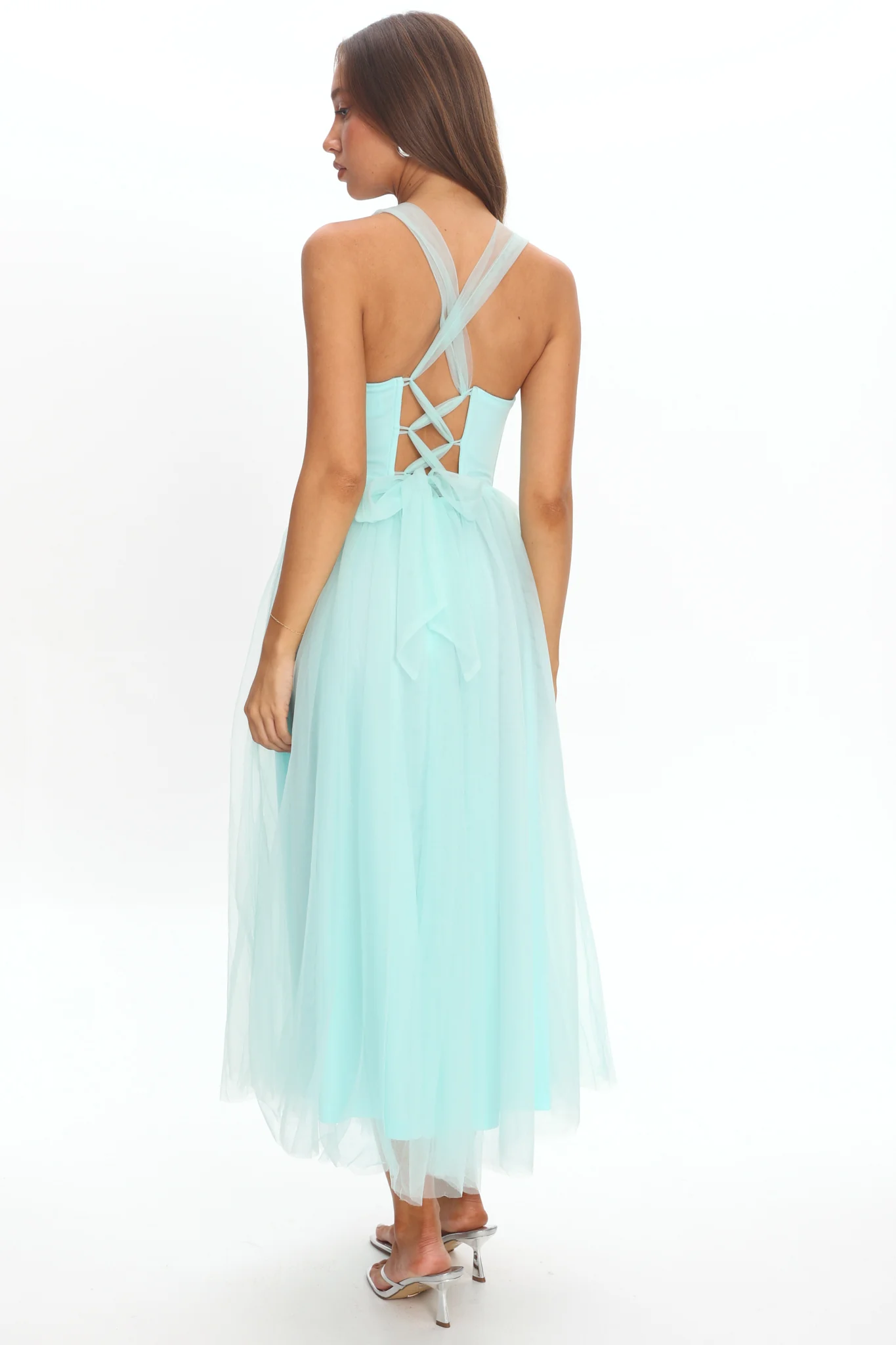 Surreal Lace-Up Back Tulle Midi Dress Mint - Image 3