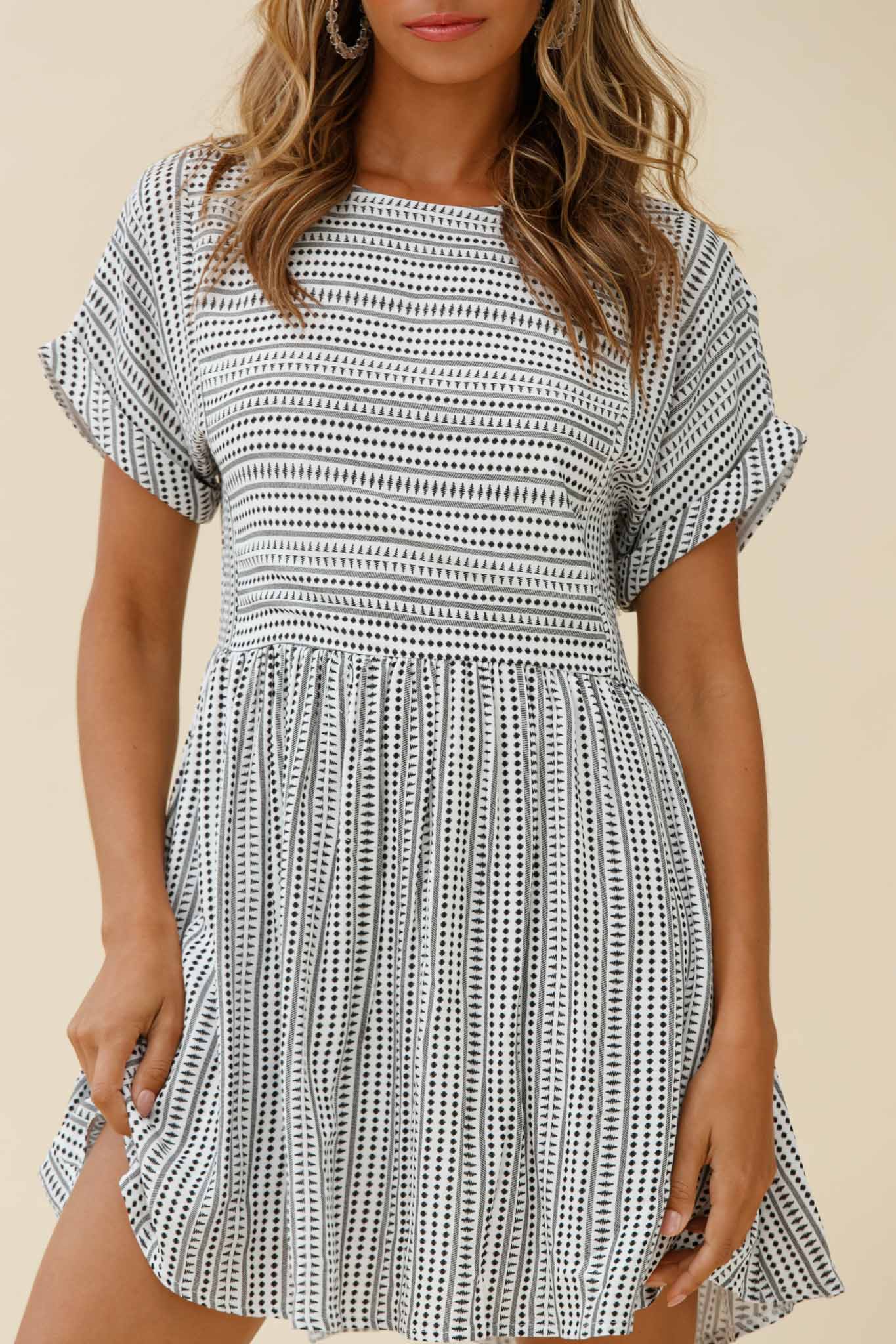 Susie Rolled Sleeve Crew Neck Swing Dress Stripe Pattern Black - Image 4