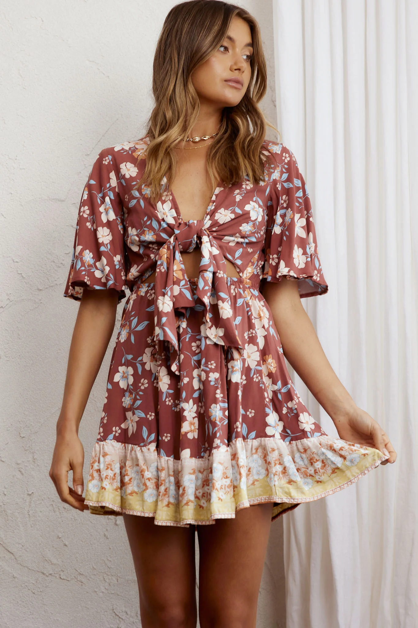 Suva Tie-Knot Bust A-Line Dress Floral Chocolate - Image 6