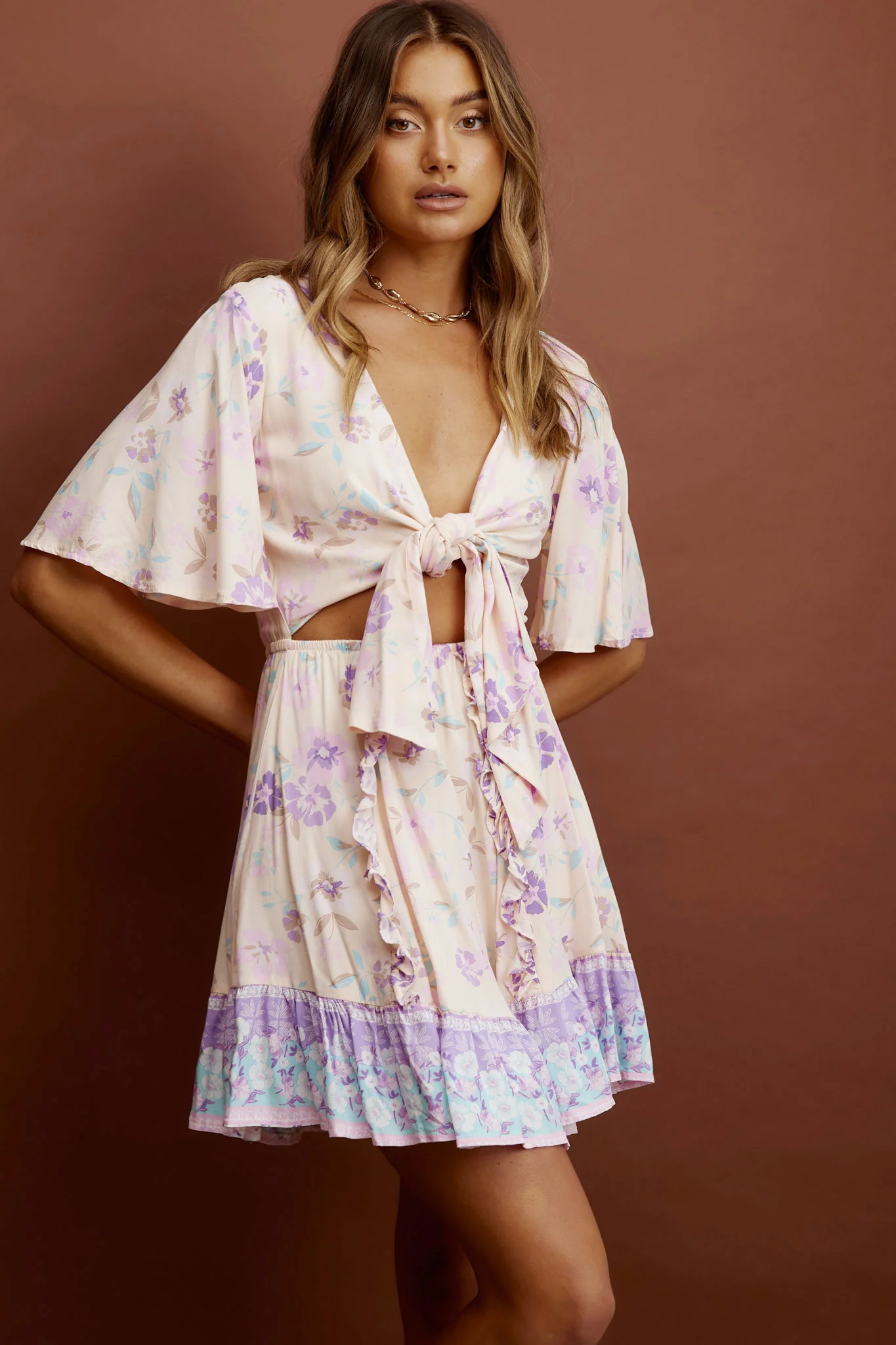 Suva Tie-Knot Bust A-Line Dress Floral Yellow - Image 3