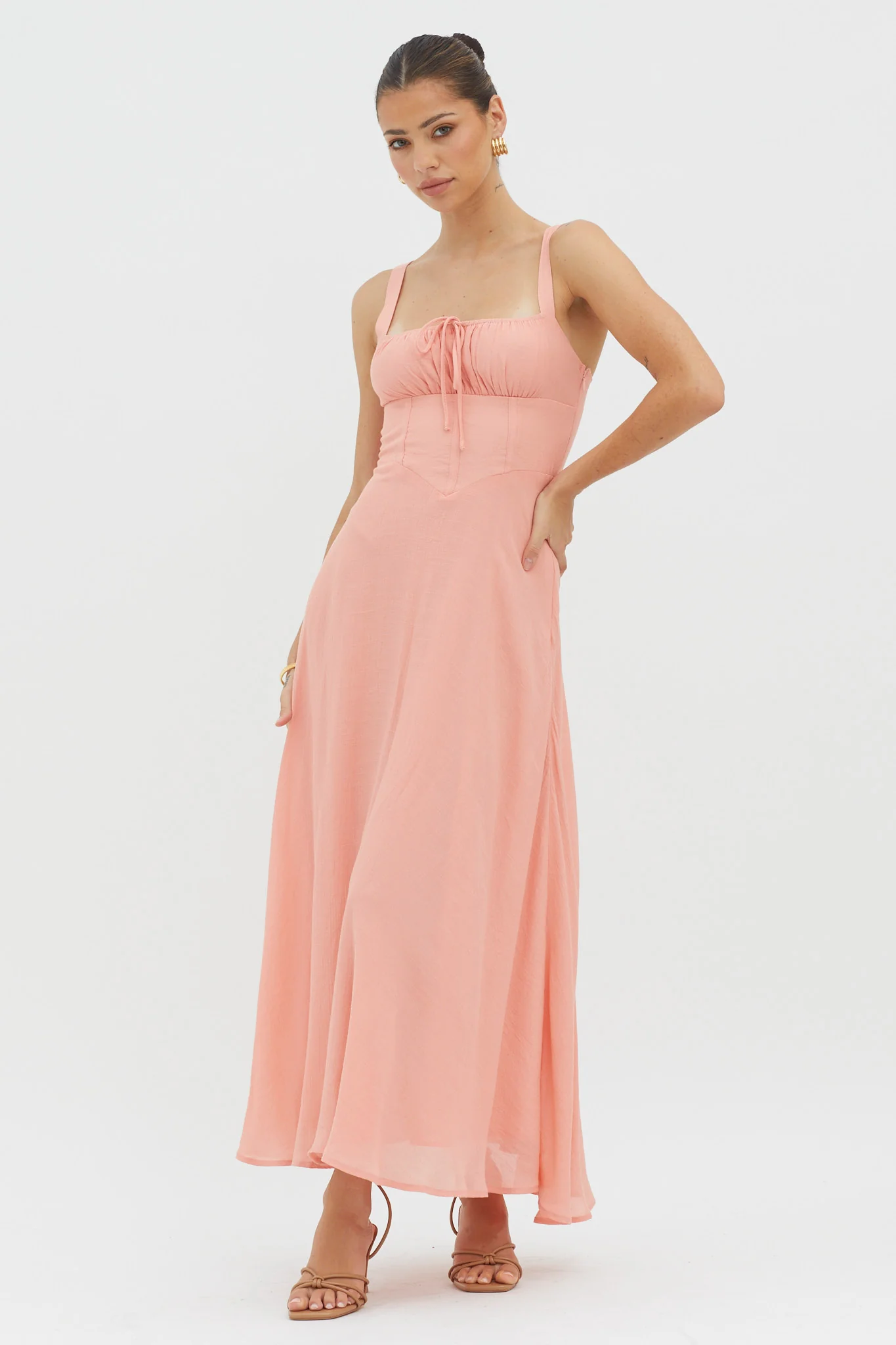 Sweet Pea Tied Bust A-Line Midi Dress Peach - Image 3