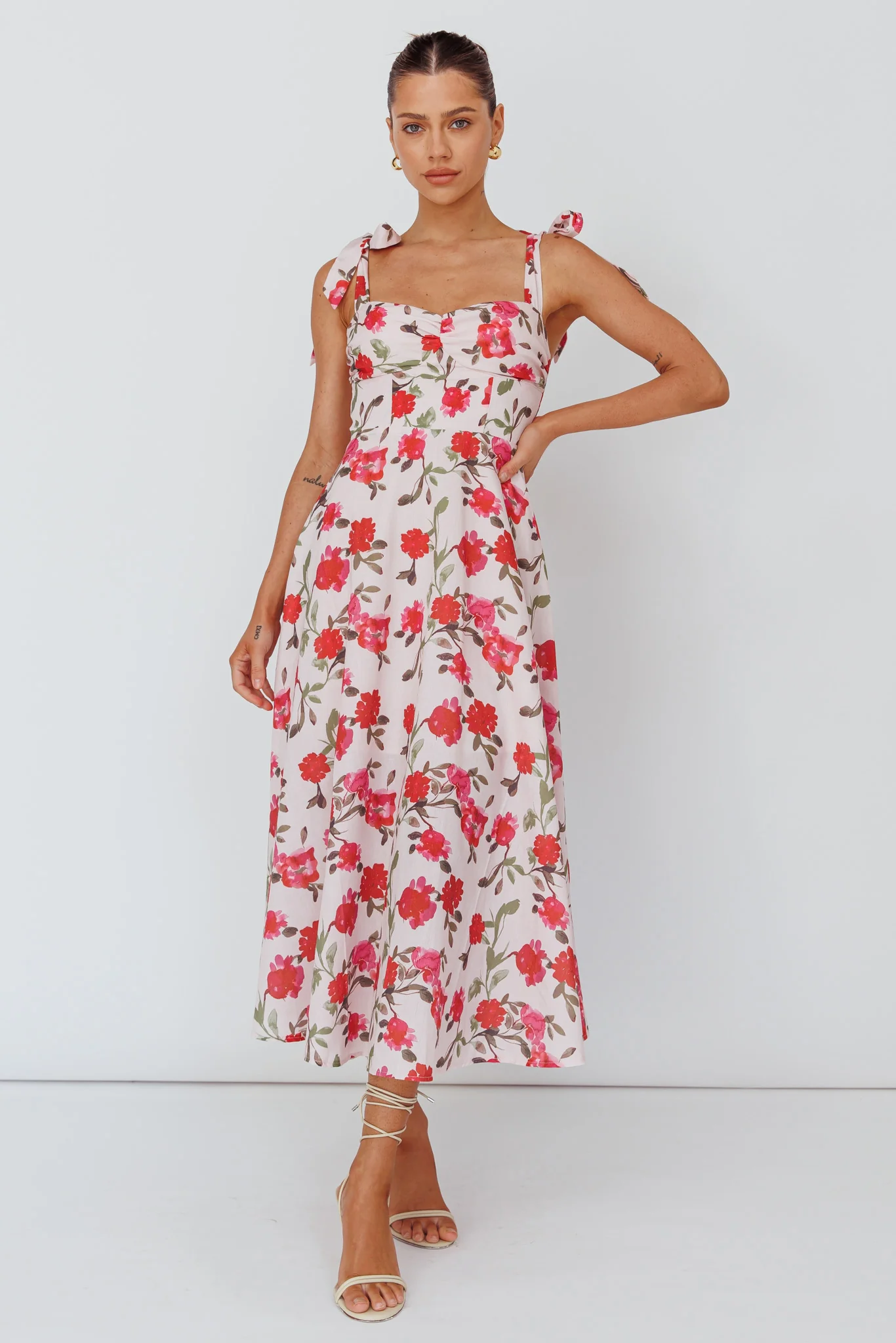 Sweet Pea Tied Bust Midi Dress Flower Pink - Image 3