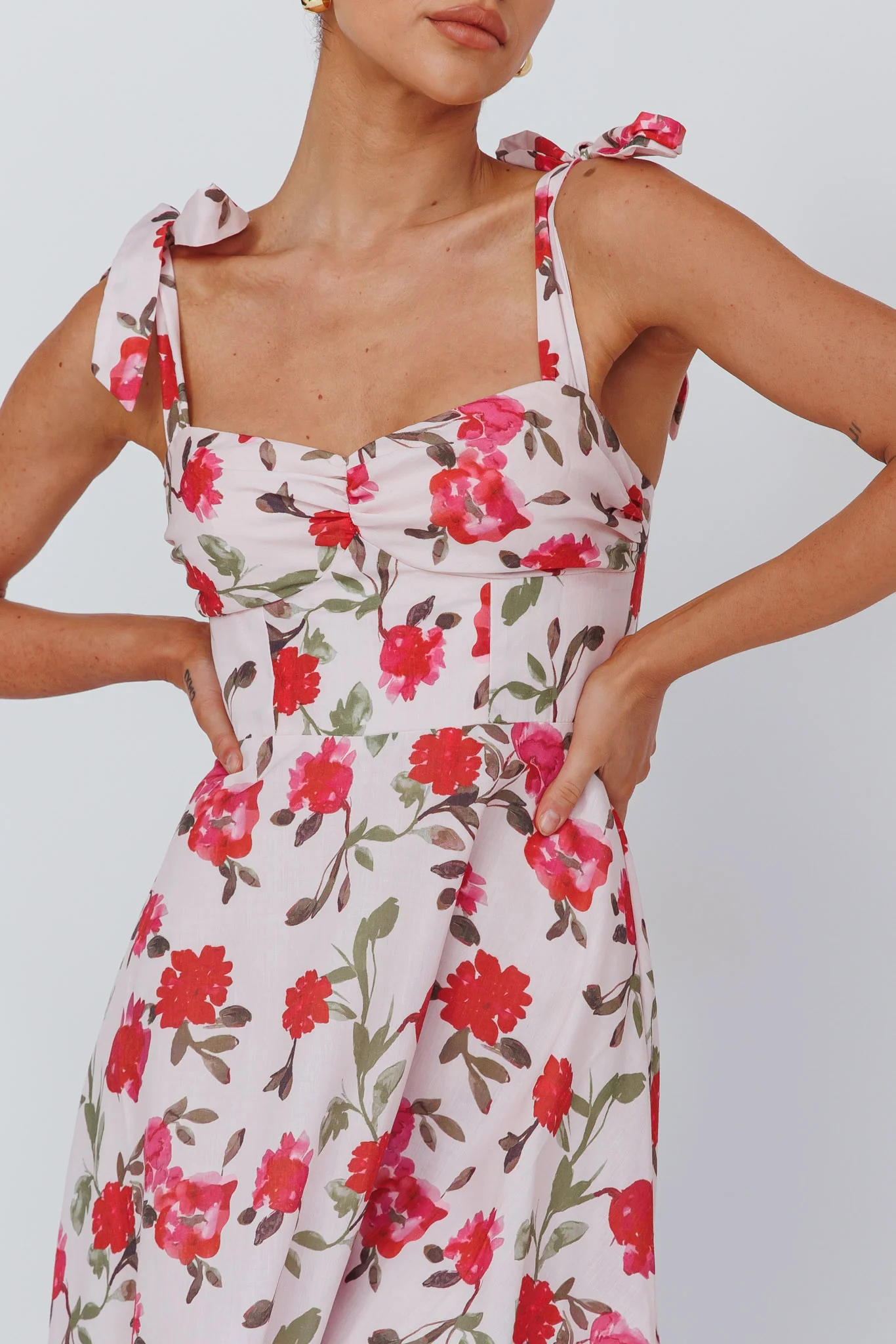 Sweet Pea Tied Bust Midi Dress Flower Pink - Image 4