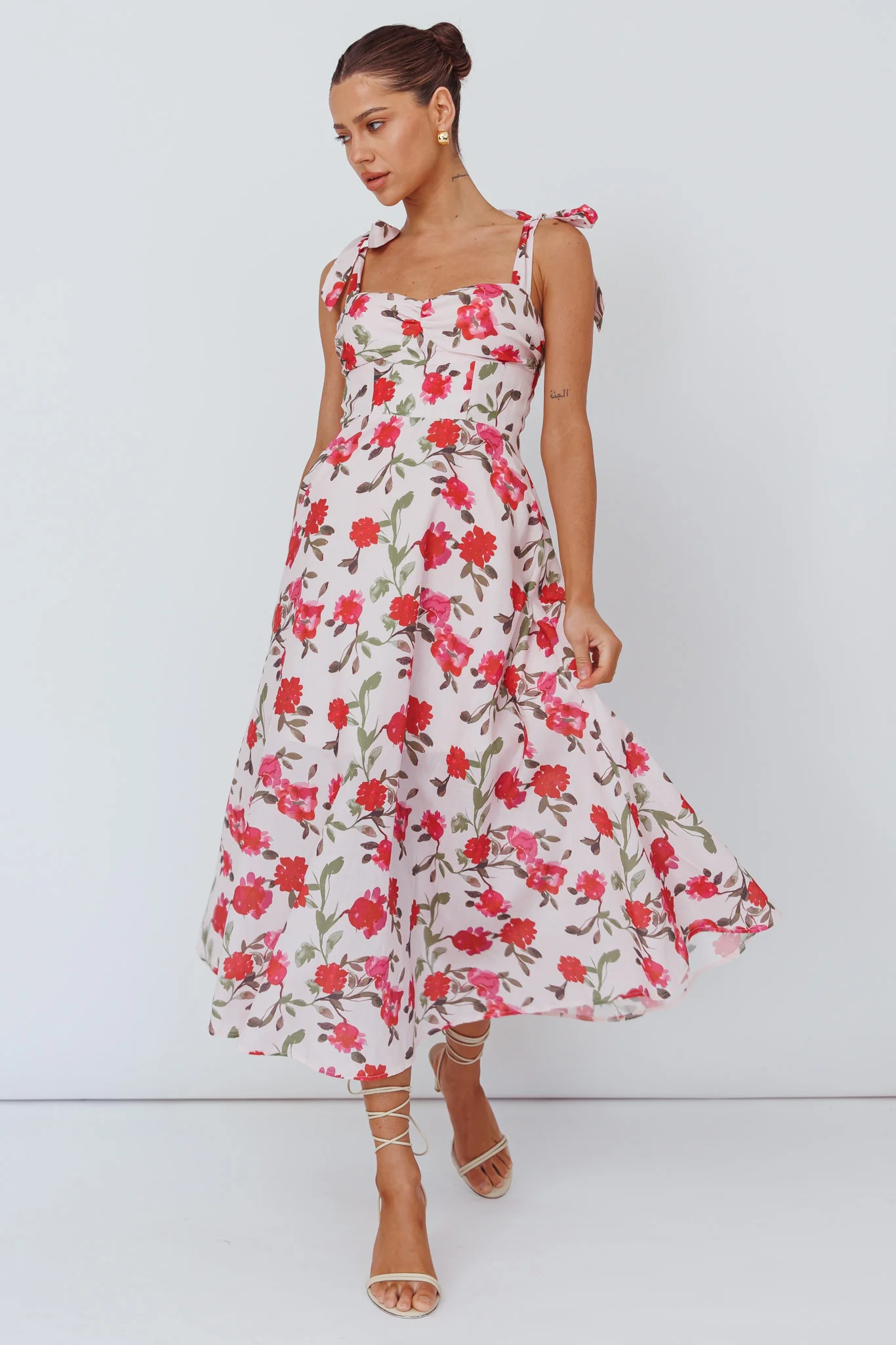 Sweet Pea Tied Bust Midi Dress Flower Pink - Image 5