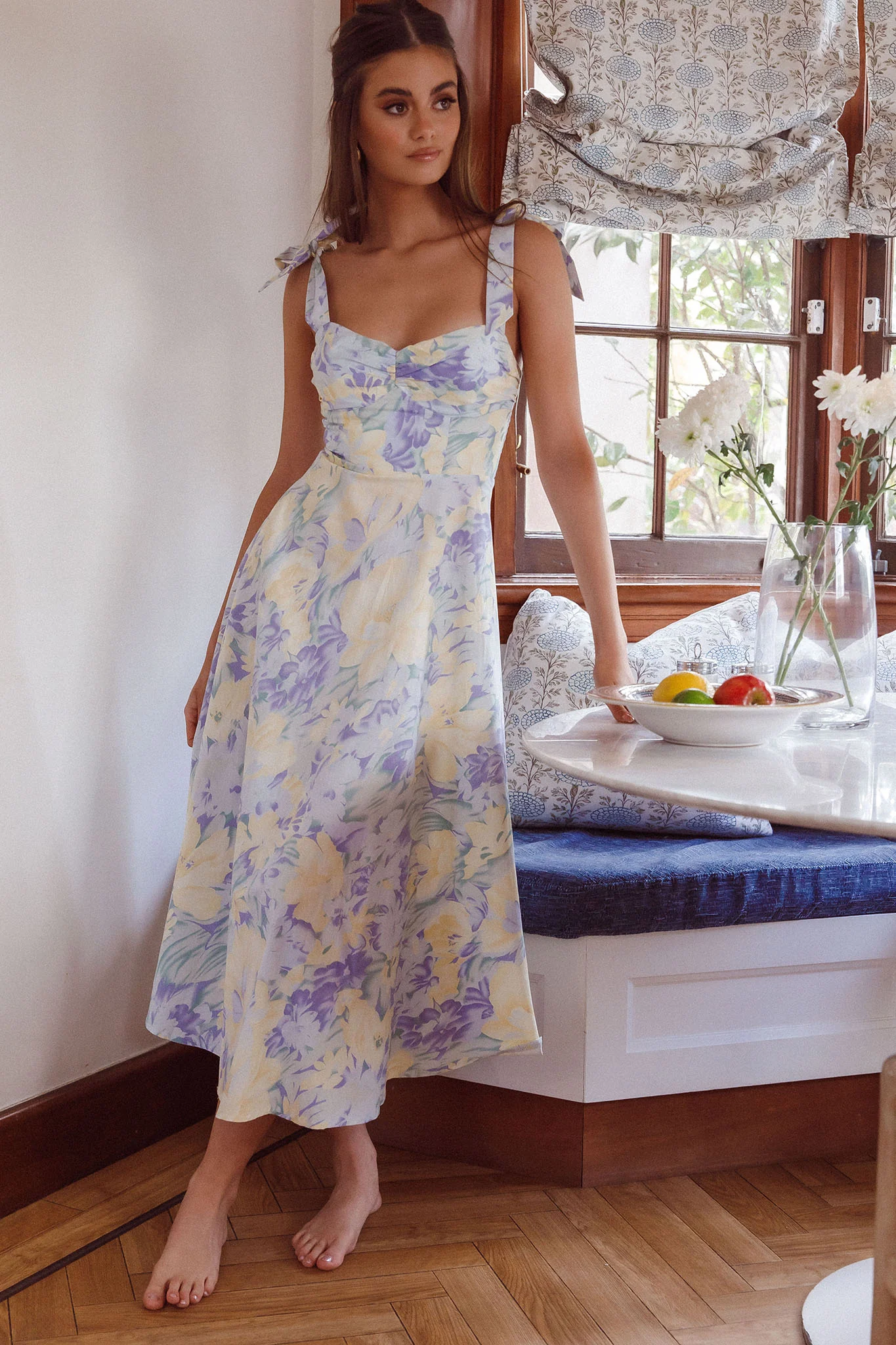Sweet Pea Tied Shoulder Midi Dress Floral Purple - Image 3