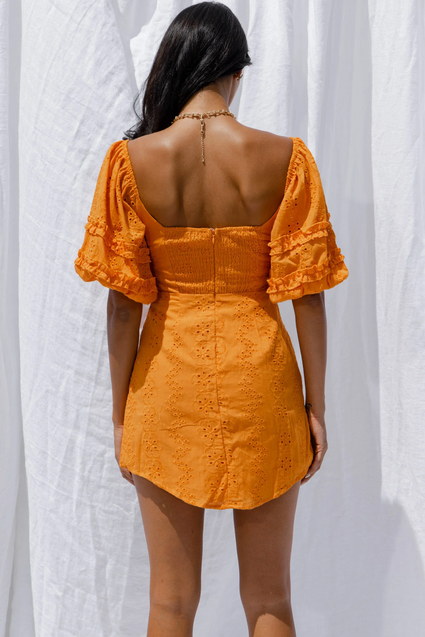 Sweet Romance Puff Sleeve Eyelet Mini Dress Sunset - Image 7