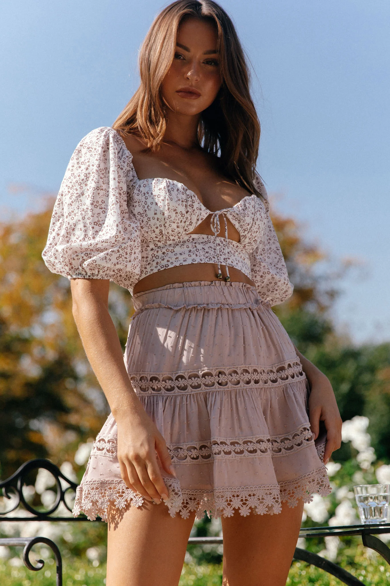 Sweet Romance Sweetheart Neckline Crop Top Floral Print White - Image 6