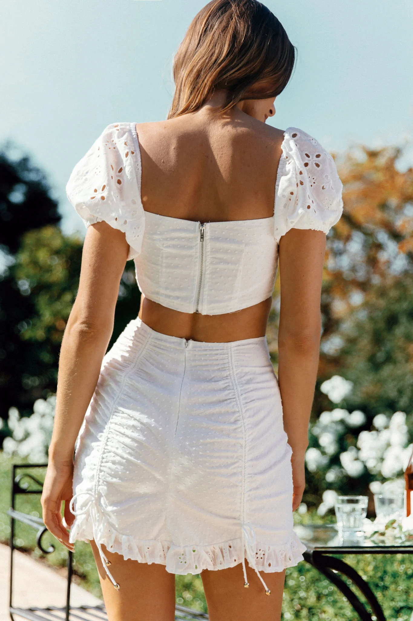 Sweet September Bust Tie Puff Sleeve Crop Top White - Image 2