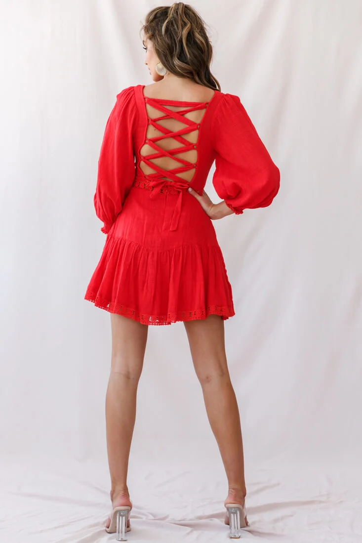Sweetheart Corset-Back Lantern Sleeve Dress Red - Image 3
