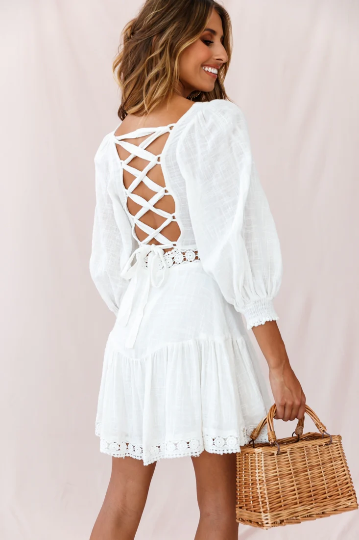 Sweetheart Corset-Back Lantern Sleeve Dress White - Image 4