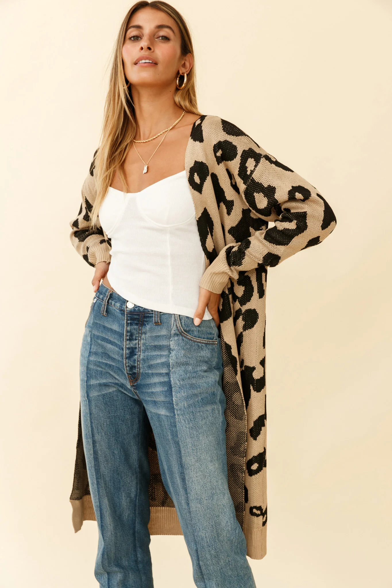 Switch It Up Longline Pocket Knit Cardigan Animal Print Beige - Image 3