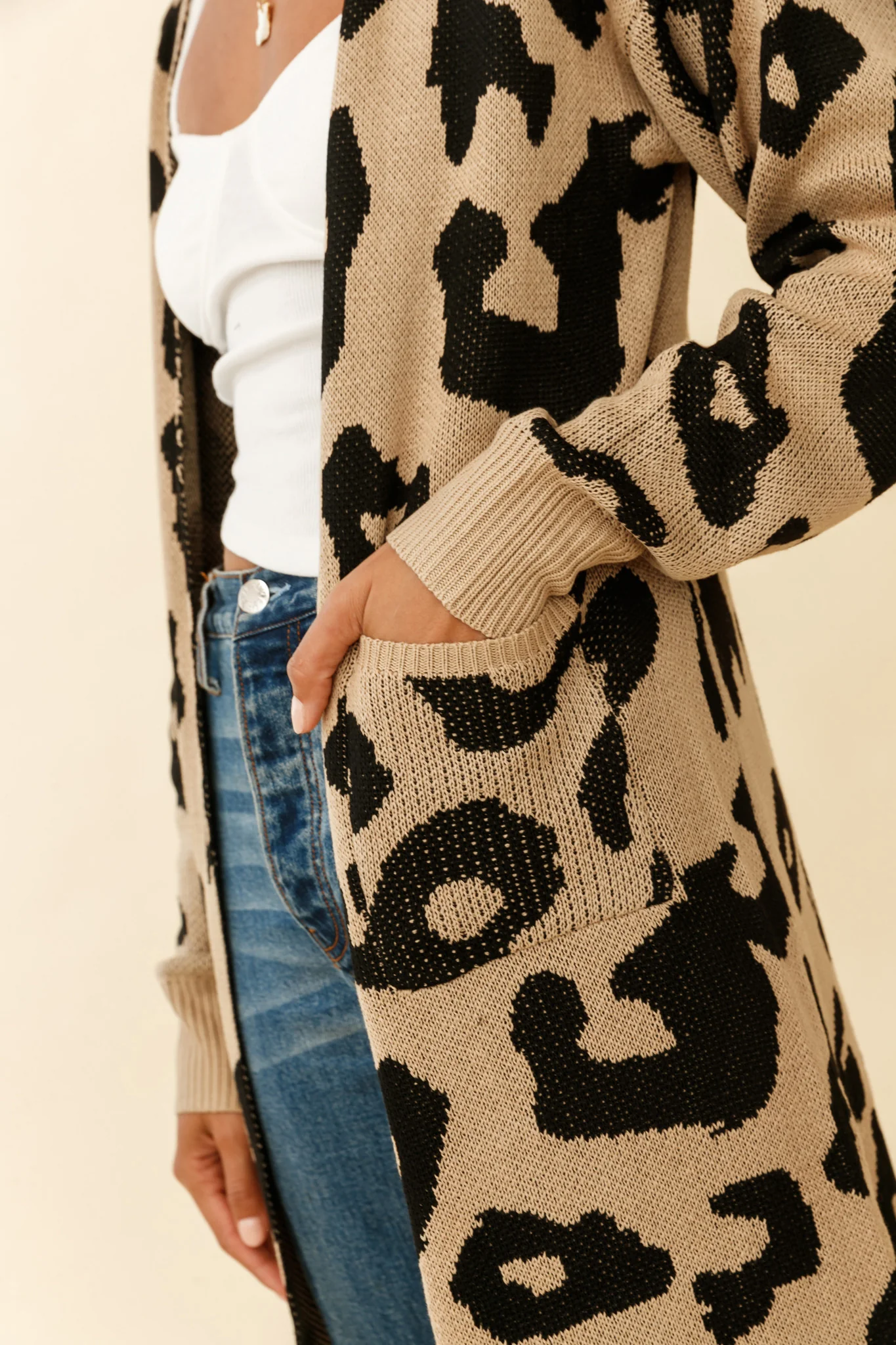 Switch It Up Longline Pocket Knit Cardigan Animal Print Beige - Image 4