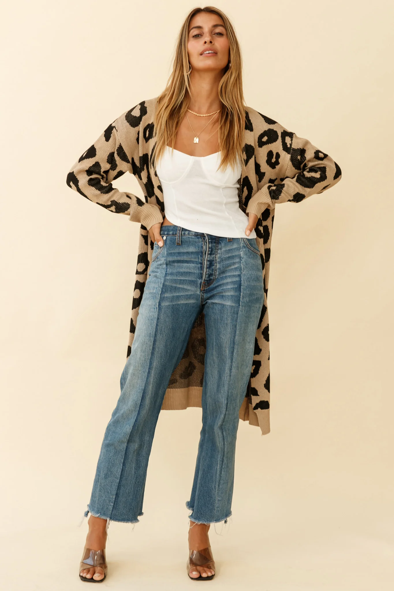 Switch It Up Longline Pocket Knit Cardigan Animal Print Beige - Image 5