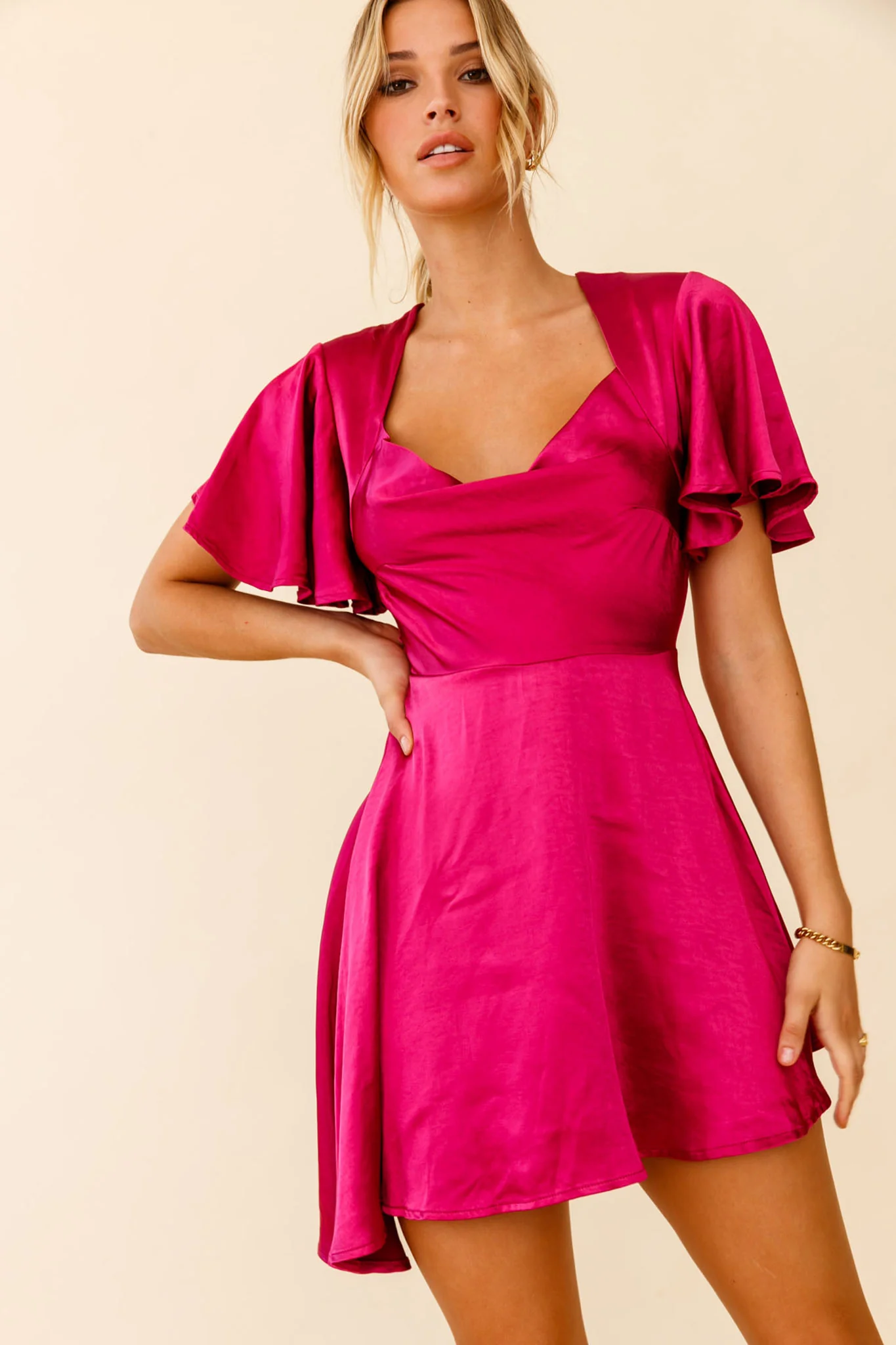 Sydney Angel Sleeve Cowl Neck Satin Dress Plum - Image 8