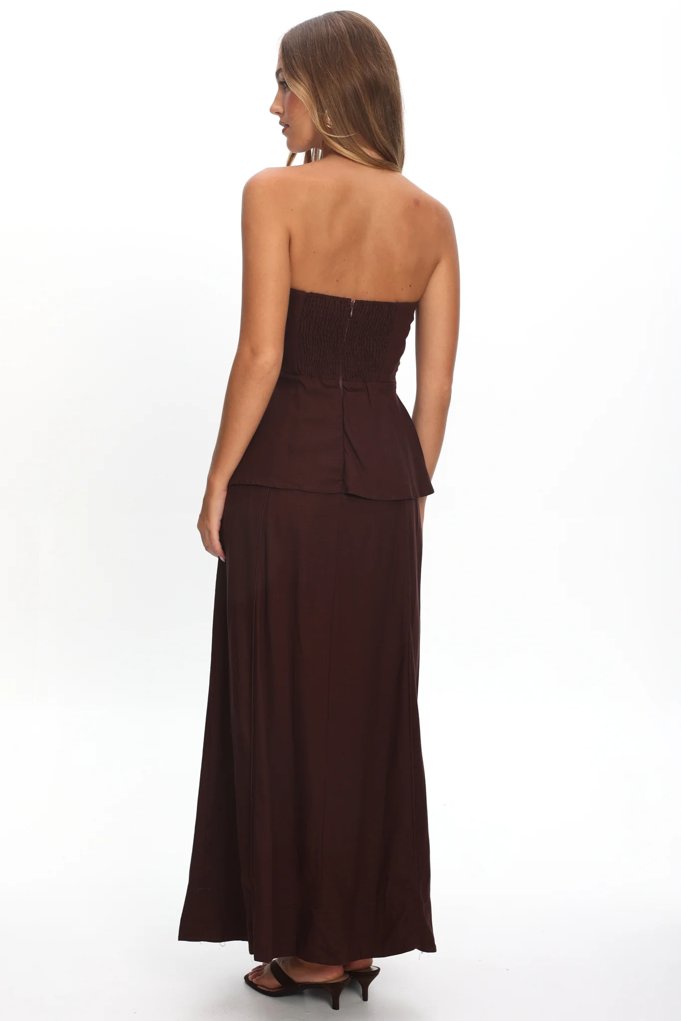 Synthia Peplum Waist Maxi Dress Chocolate - Image 3
