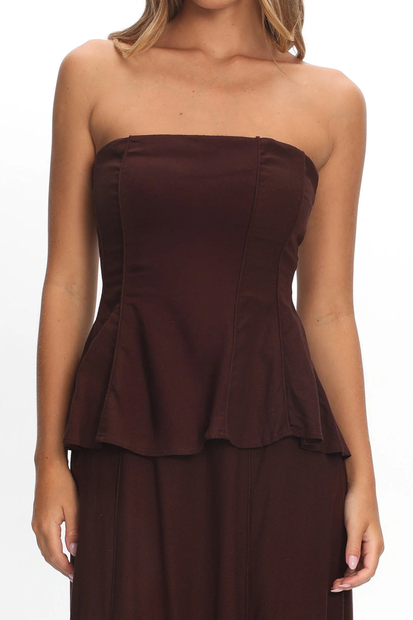 Synthia Peplum Waist Maxi Dress Chocolate - Image 4