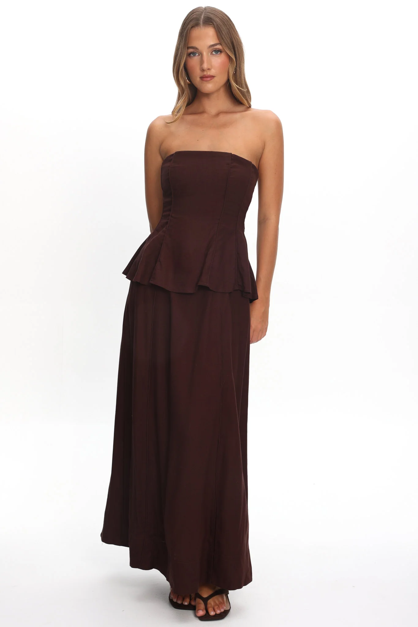 Synthia Peplum Waist Maxi Dress Chocolate - Image 5