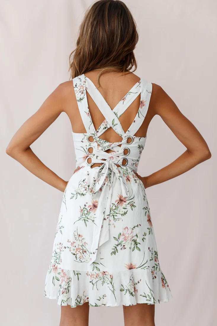 Taj Lace-Up Back Asymmetrical Hem Dress Floral Print White - Image 3